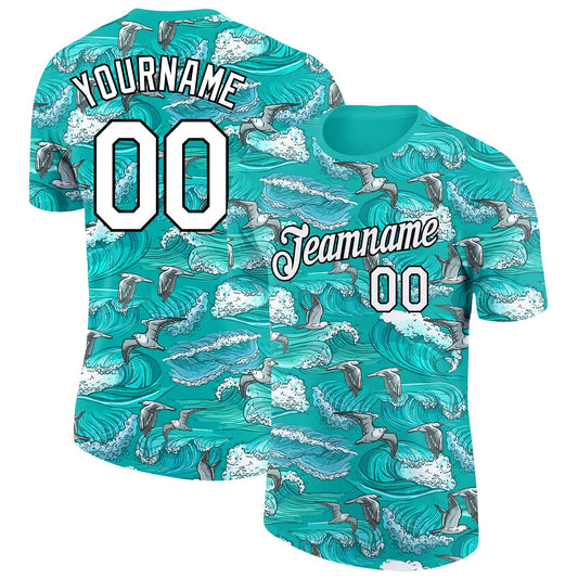 Custom Aqua White-Black 3D Pattern Design Sea Wave Fishing Performance T-Shirt - Main View