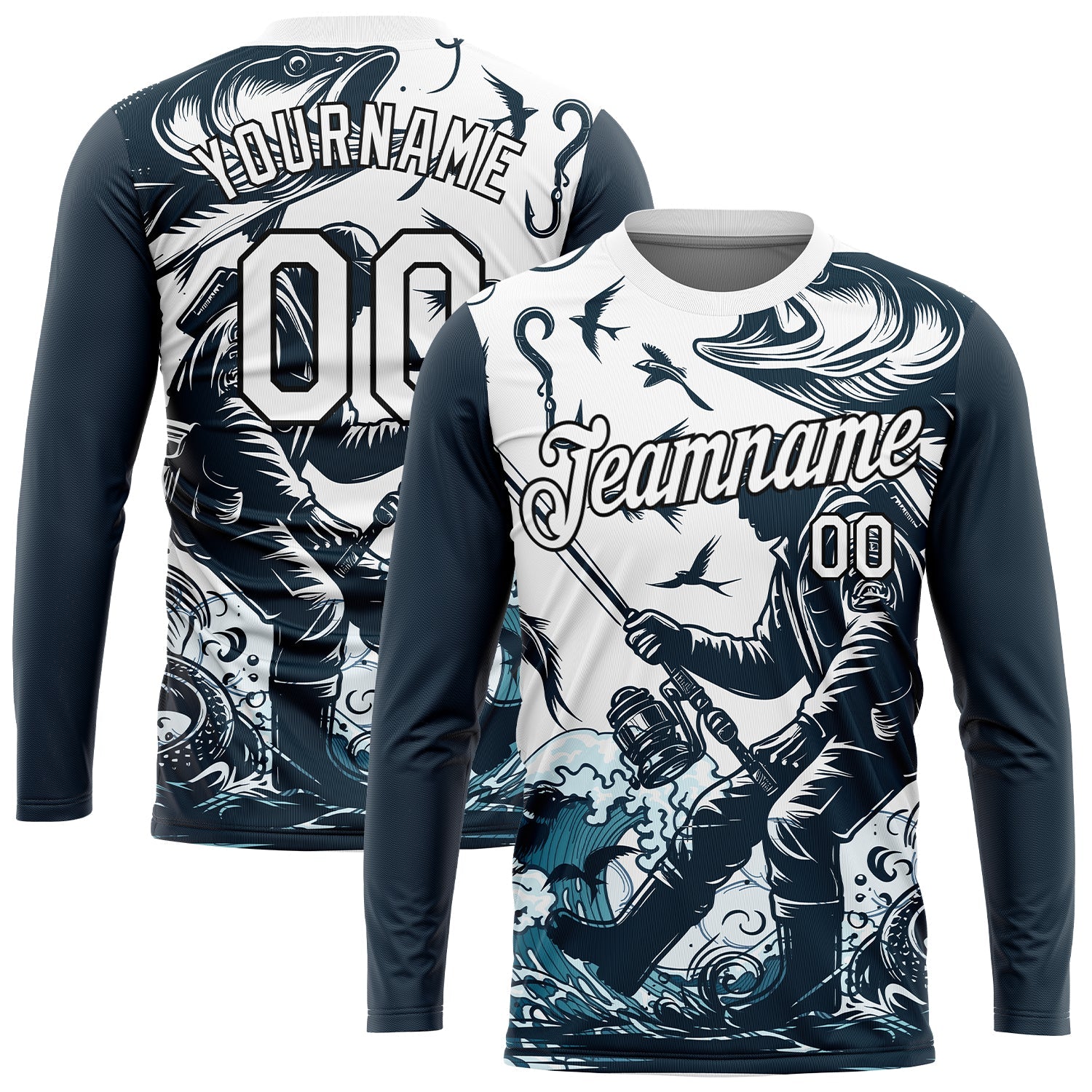 Custom White Black 3D Pattern Design Fishing Fish Hook Performance T-Shirt view 2