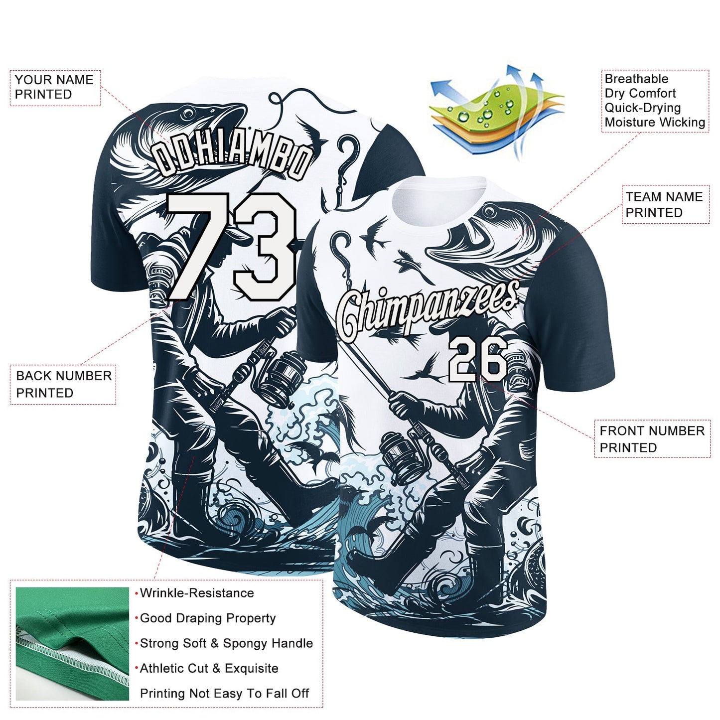 Custom White Black 3D Pattern Design Fishing Fish Hook Performance T-Shirt view 3