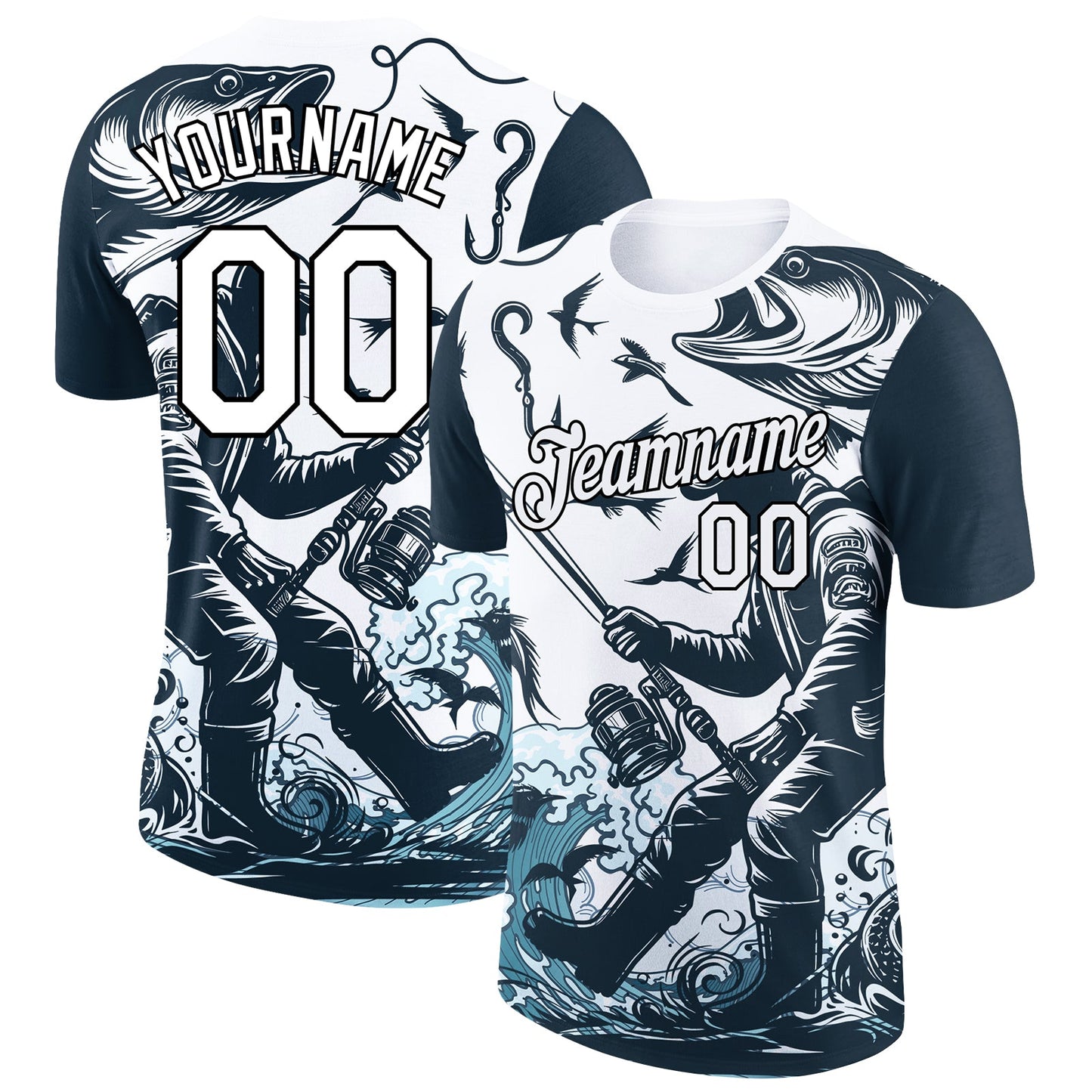 Custom White Black 3D Pattern Design Fishing Fish Hook Performance T-Shirt - Main View