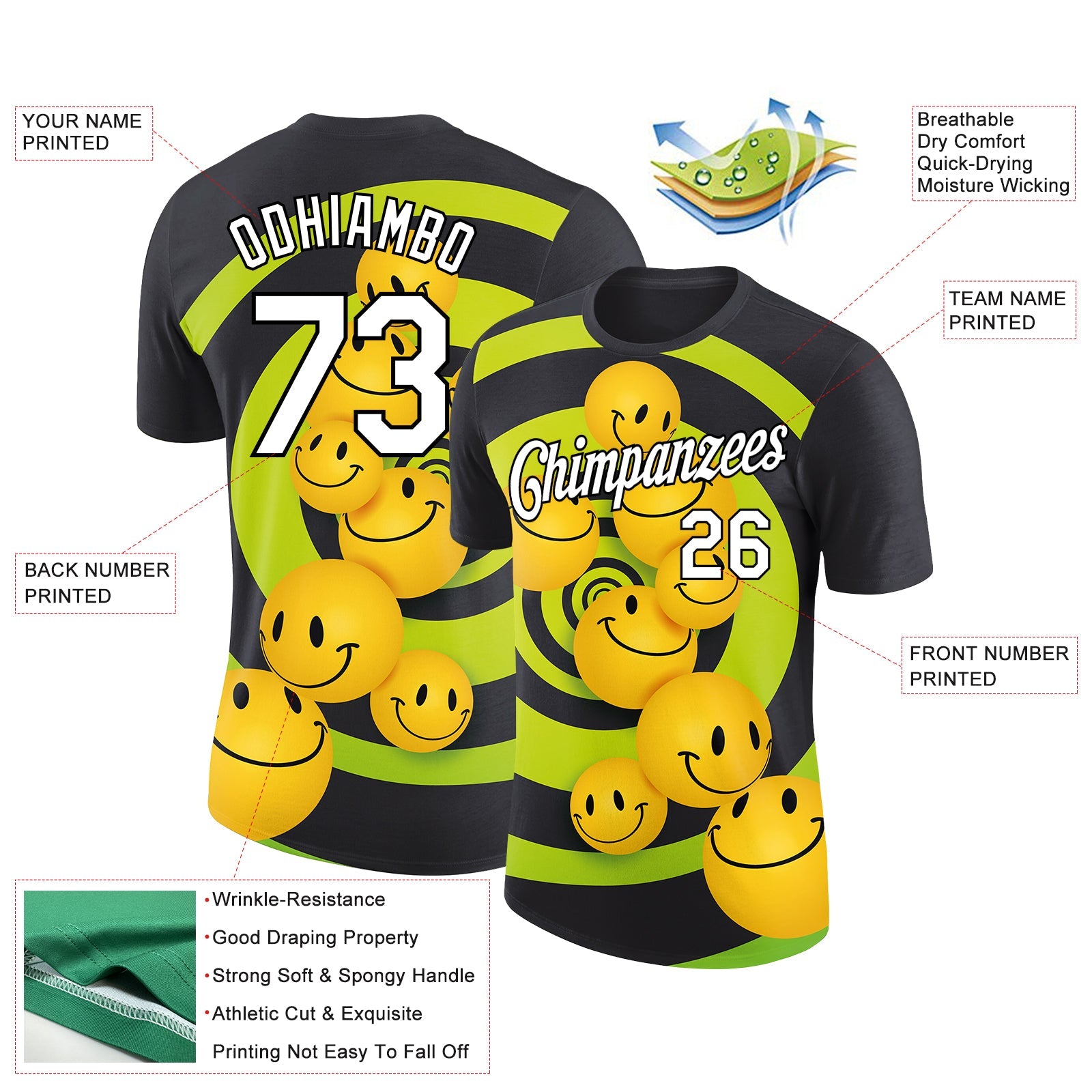 Custom Black White 3D Pattern Design Smile Emoji Performance T-Shirt view 2