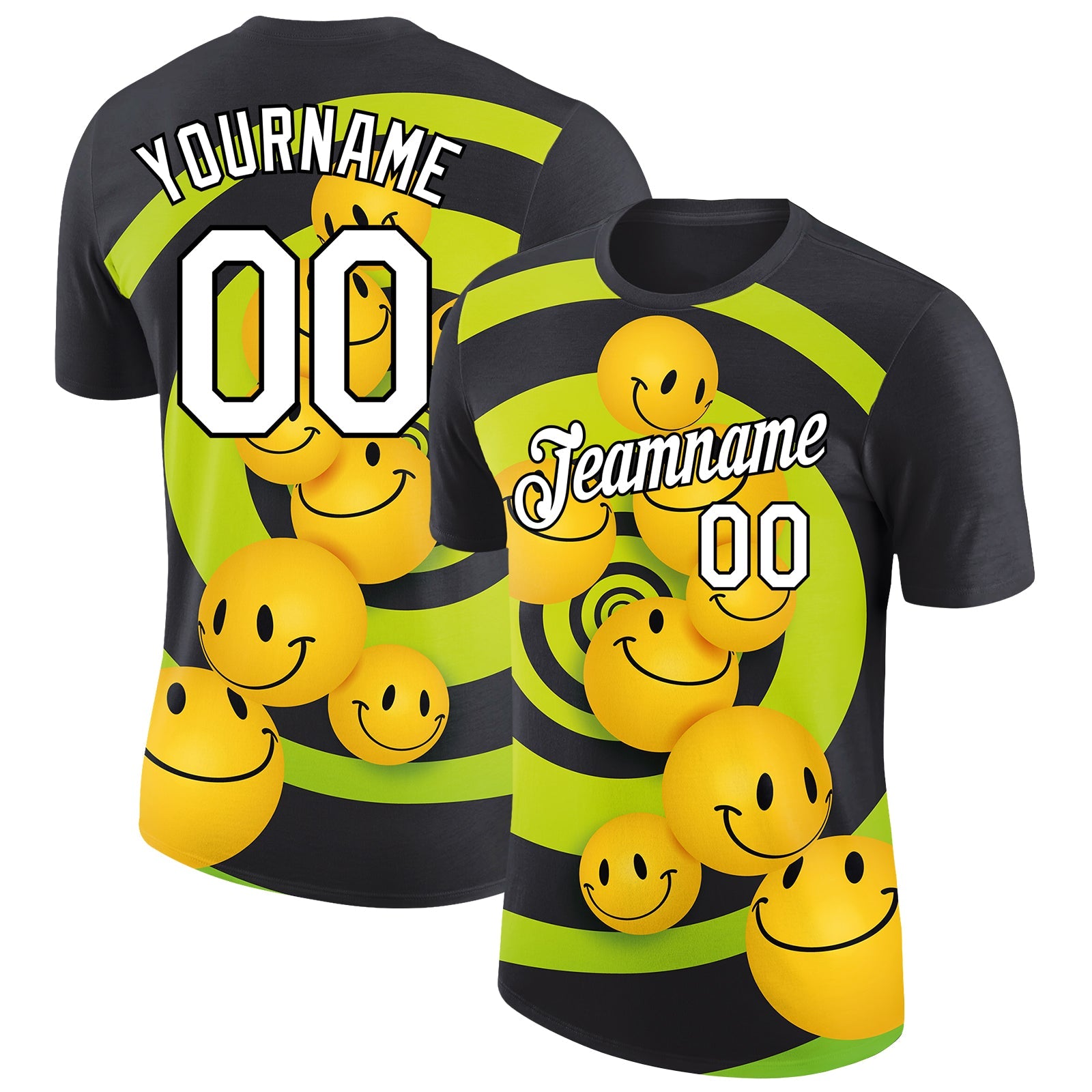 Custom Black White 3D Pattern Design Smile Emoji Performance T-Shirt - Main View