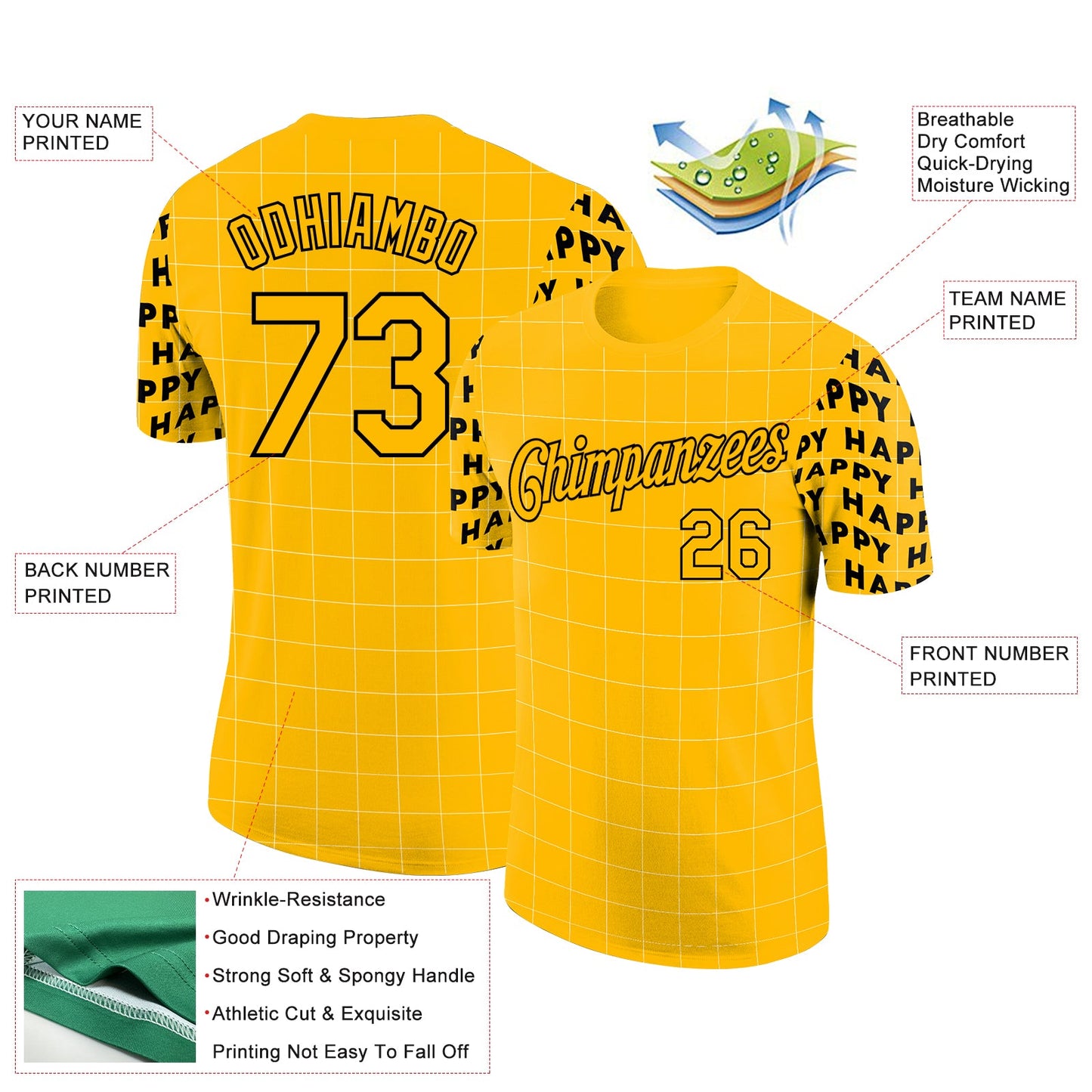 Custom Gold Black 3D Pattern Design Happy Smile Performance T-Shirt view 2