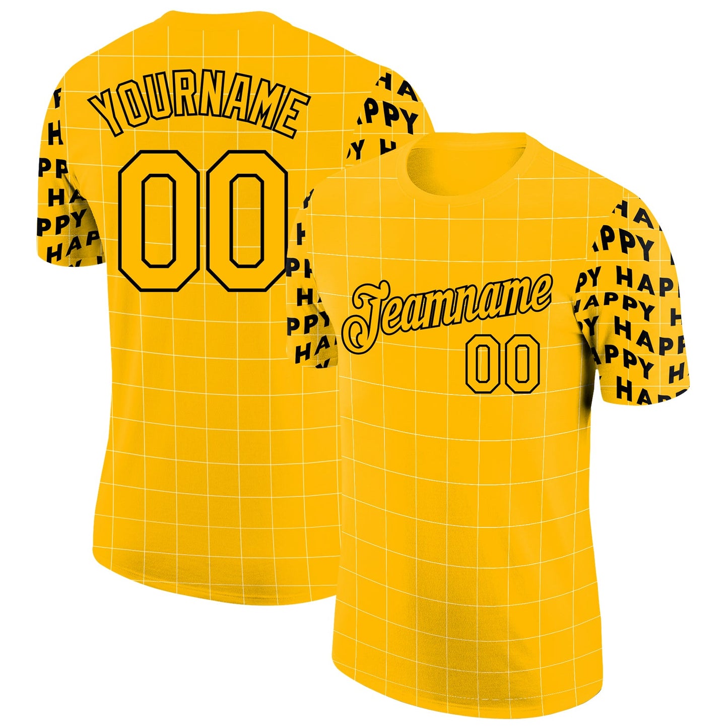Custom Gold Black 3D Pattern Design Happy Smile Performance T-Shirt - Main View