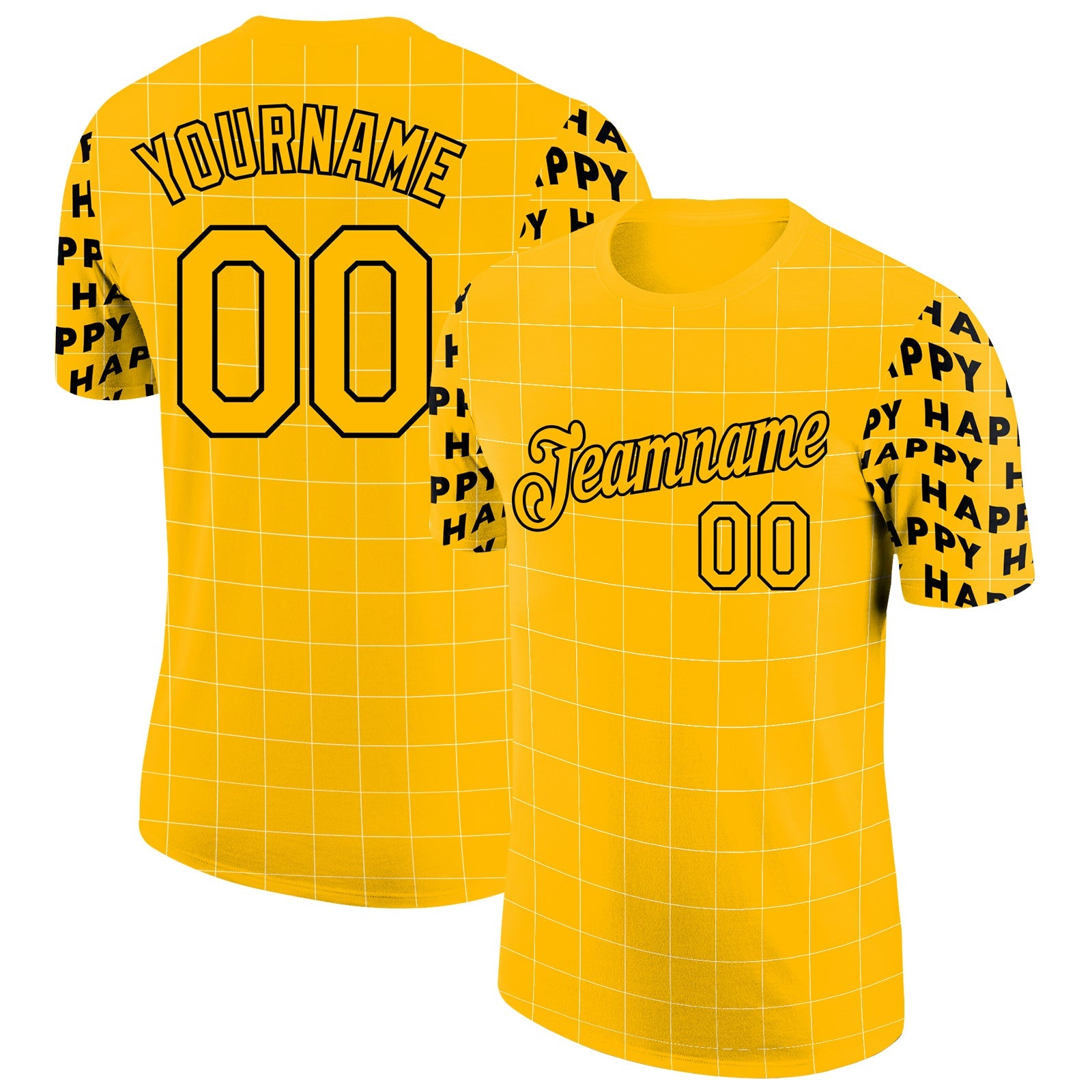 Custom Gold Black 3D Pattern Design Happy Smile Performance T-Shirt - Main View