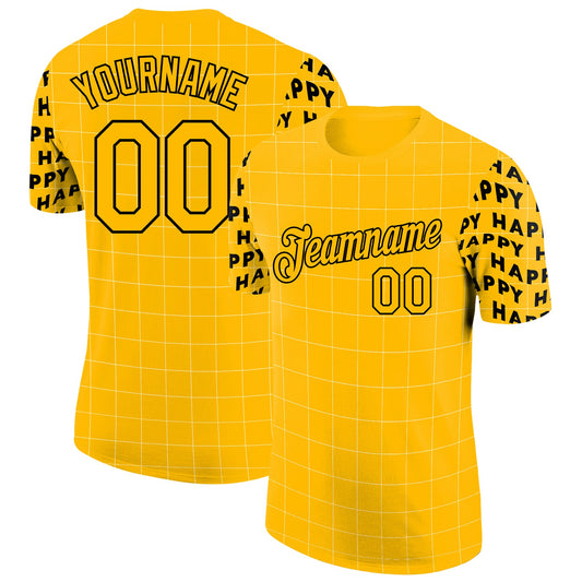 Custom Gold Black 3D Pattern Design Happy Smile Performance T-Shirt - Main View