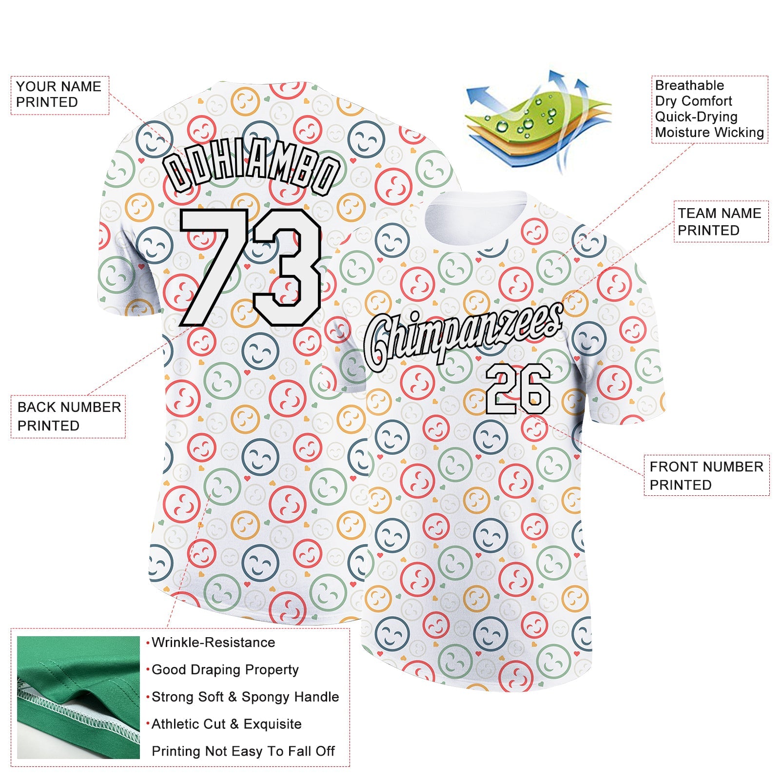 Custom White Black 3D Pattern Design Smile Emoji Performance T-Shirt view 2