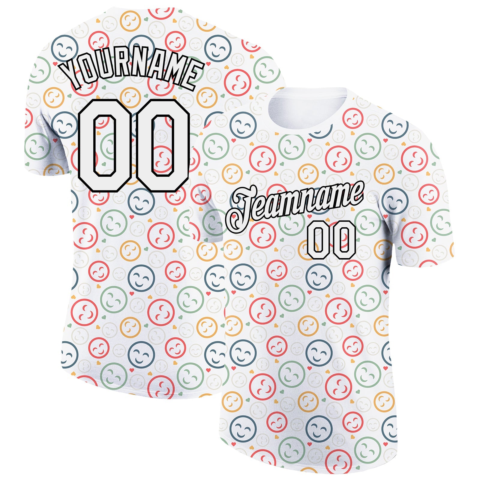 Custom White Black 3D Pattern Design Smile Emoji Performance T-Shirt - Main View