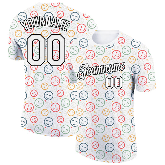 Custom White Black 3D Pattern Design Smile Emoji Performance T-Shirt - Main View