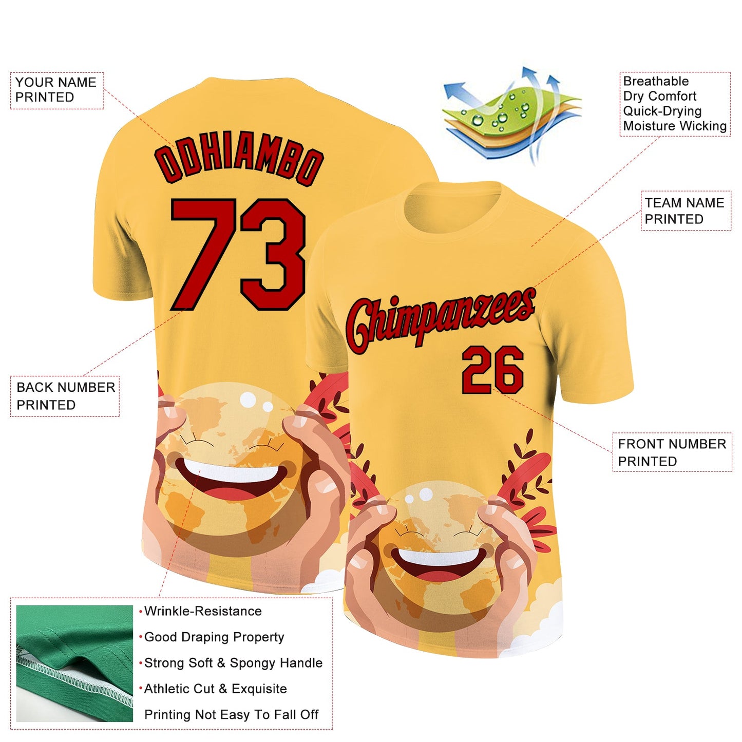 Custom Yellow Red-Black 3D Pattern Design Smile Emoji Performance T-Shirt view 2