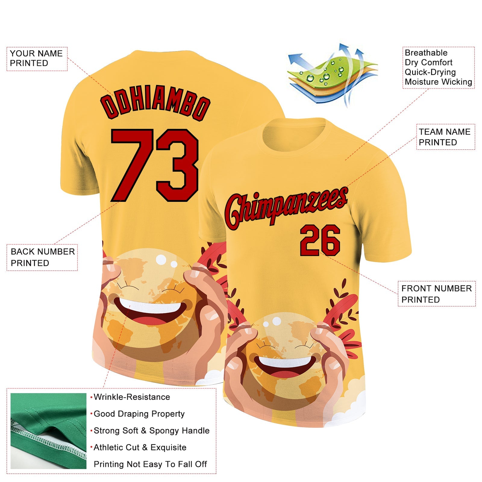 Custom Yellow Red-Black 3D Pattern Design Smile Emoji Performance T-Shirt view 2