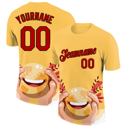 Custom Yellow Red-Black 3D Pattern Design Smile Emoji Performance T-Shirt - Main View