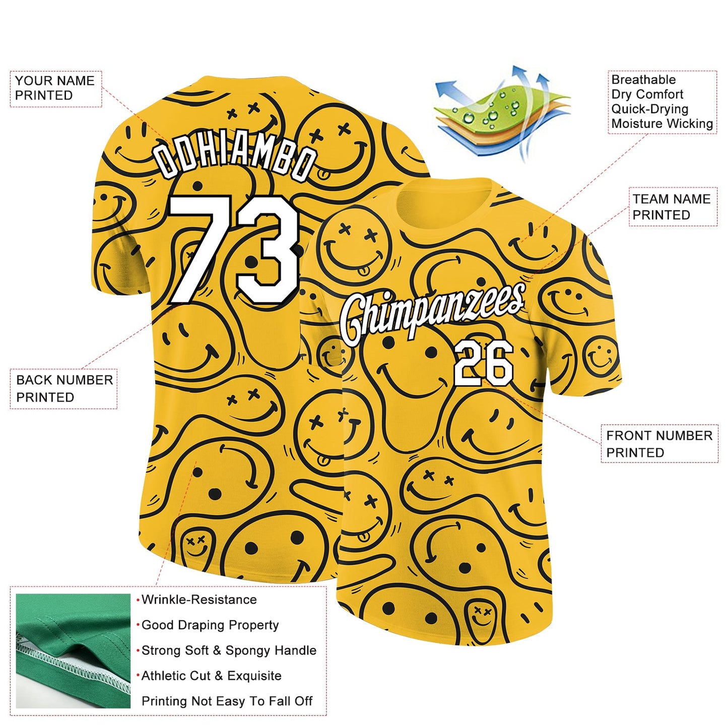 Custom Yellow White-Black 3D Pattern Design Smile Emoji Performance T-Shirt view 2