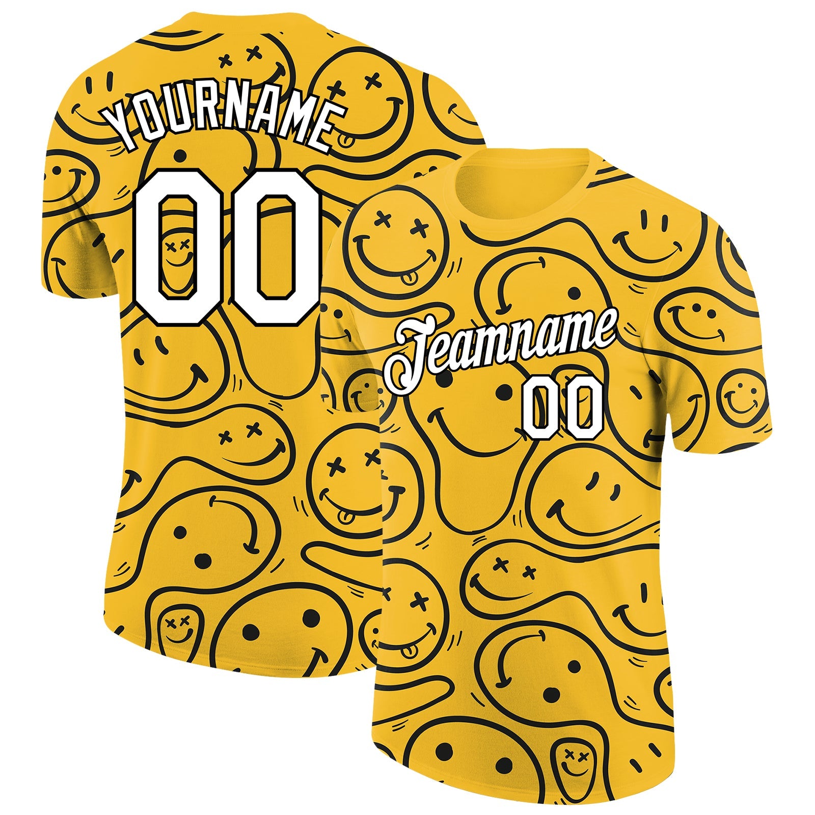 Custom Yellow White-Black 3D Pattern Design Smile Emoji Performance T-Shirt - Main View