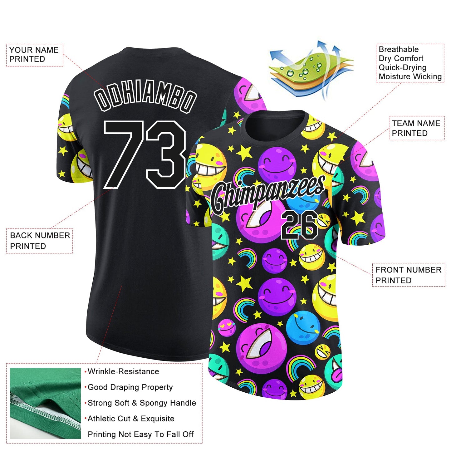 Custom Black White 3D Pattern Design Smile Emoji Performance T-Shirt view 2