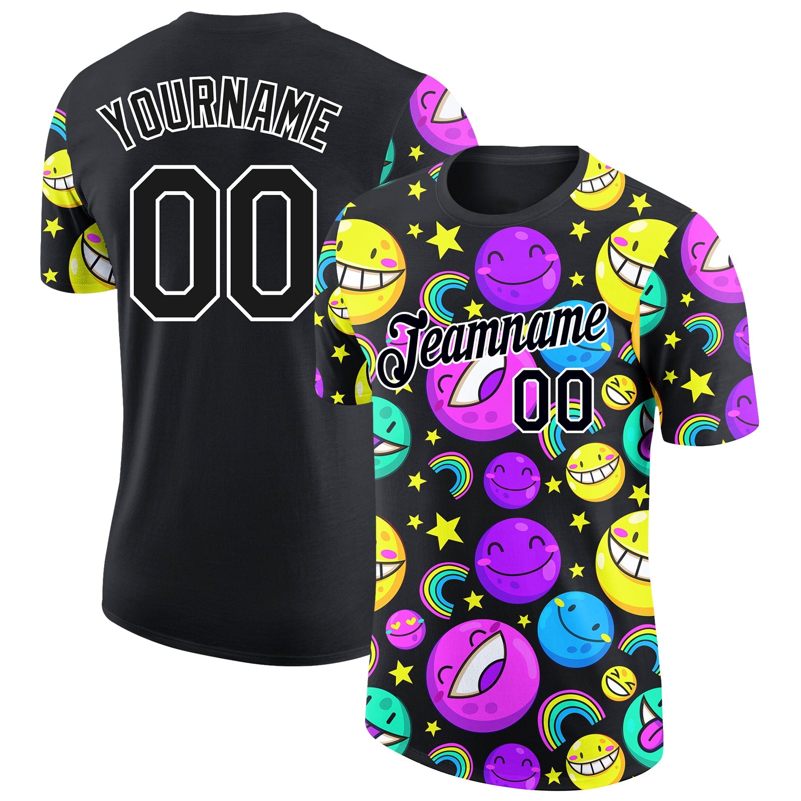 Custom Black White 3D Pattern Design Smile Emoji Performance T-Shirt - Main View