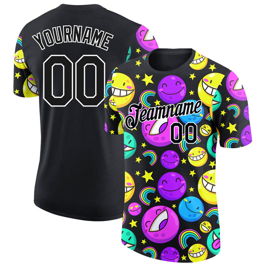 Custom Black White 3D Pattern Design Smile Emoji Performance T-Shirt - Main View