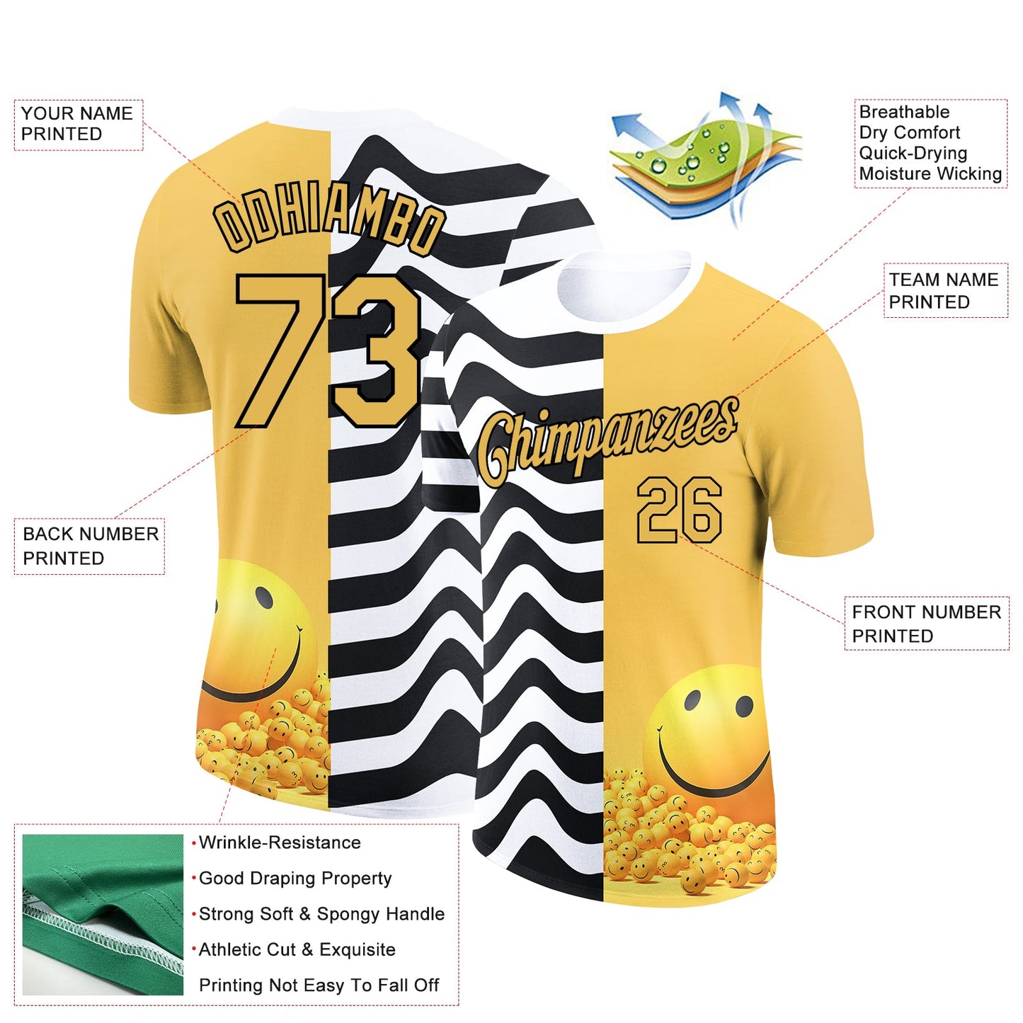 Custom Yellow Black-White 3D Pattern Design Smile Emoji Performance T-Shirt view 2