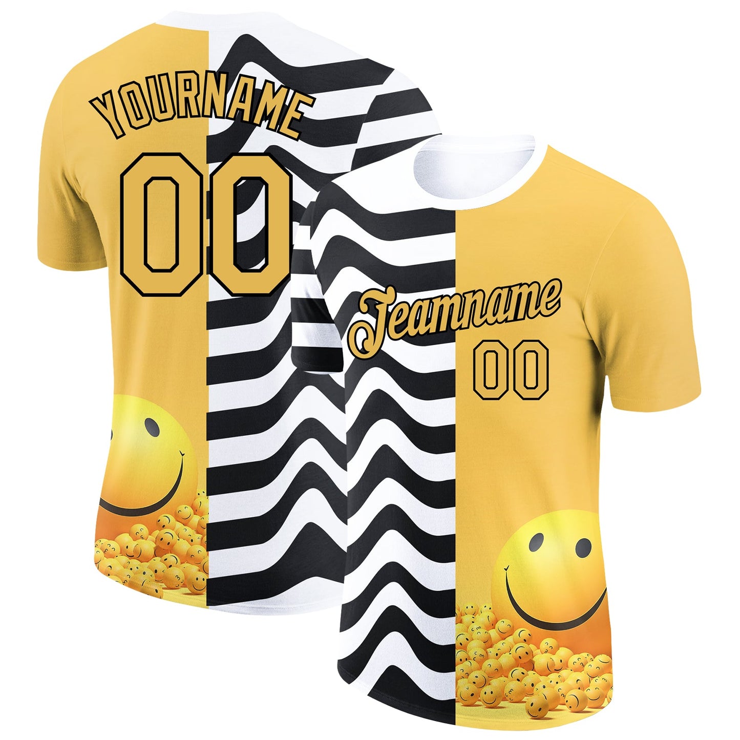 Custom Yellow Black-White 3D Pattern Design Smile Emoji Performance T-Shirt - Main View