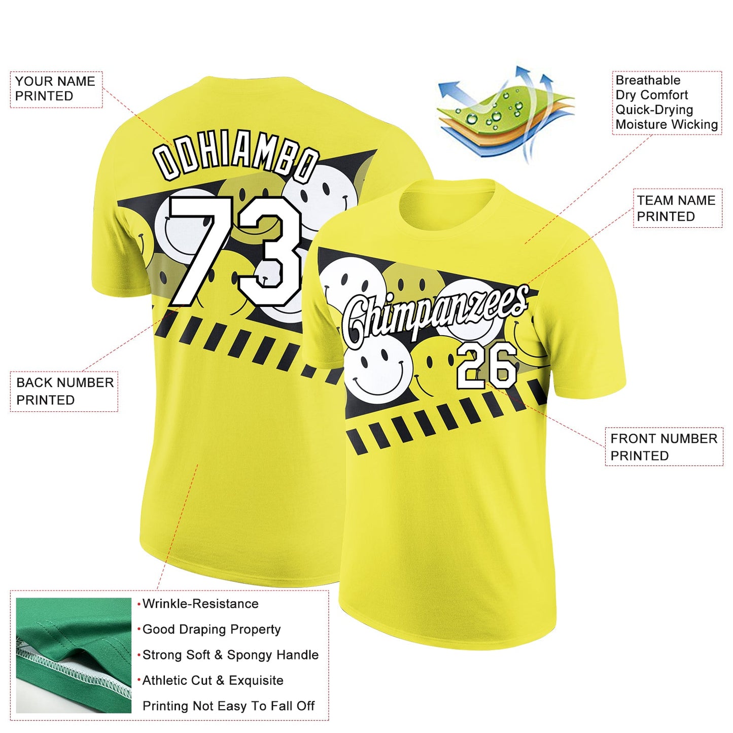 Custom Neon Yellow White-Black 3D Pattern Design Smile Emoji Performance T-Shirt view 2