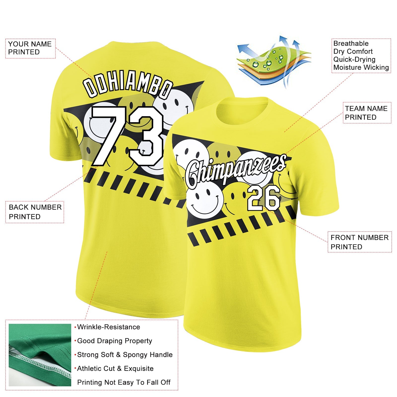 Custom Neon Yellow White-Black 3D Pattern Design Smile Emoji Performance T-Shirt view 2