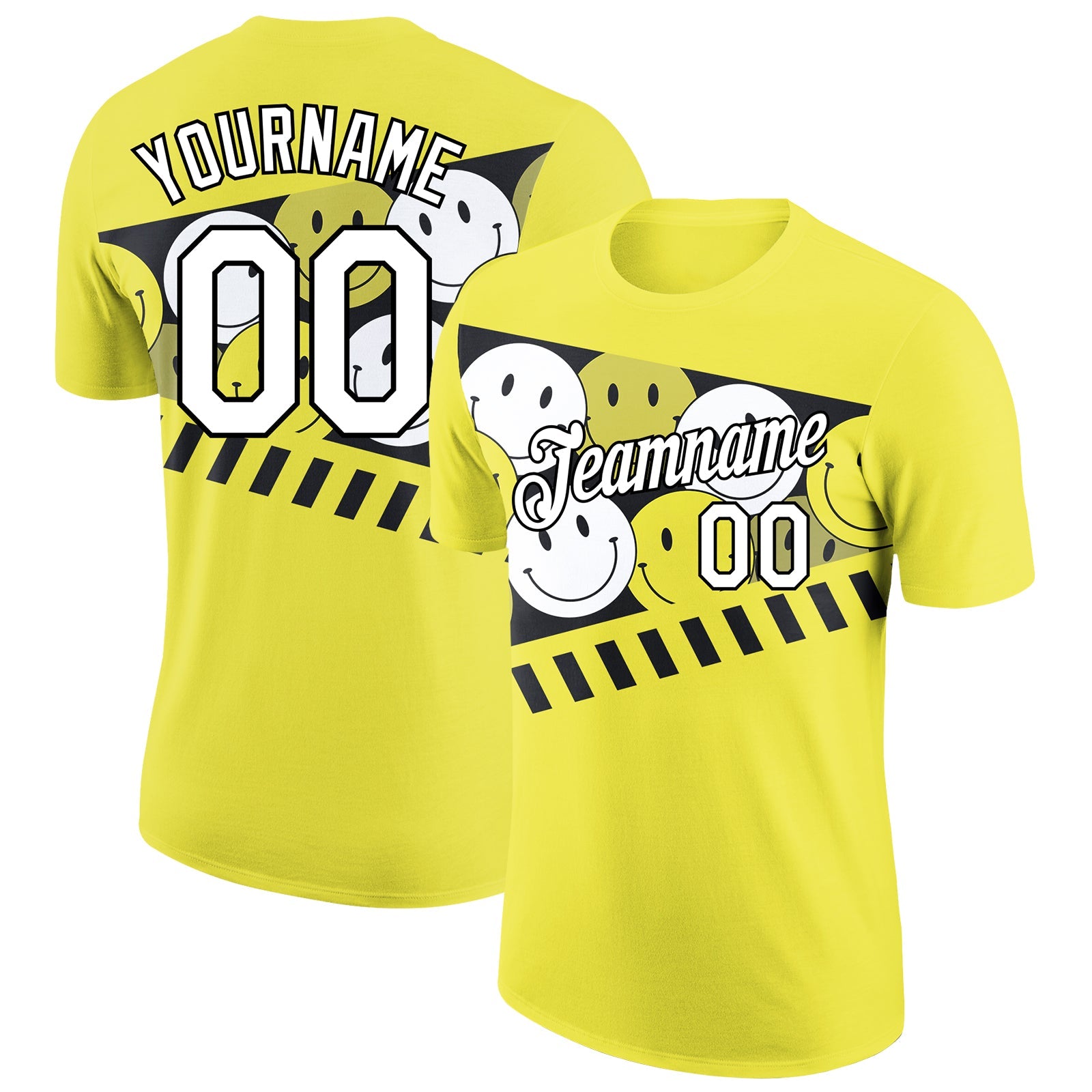 Custom Neon Yellow White-Black 3D Pattern Design Smile Emoji Performance T-Shirt - Main View
