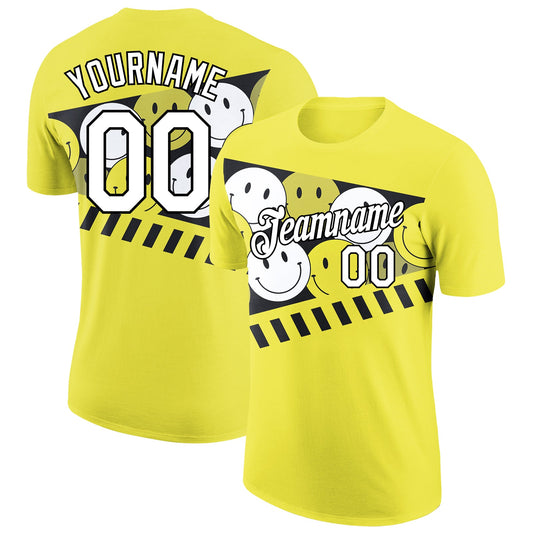 Custom Neon Yellow White-Black 3D Pattern Design Smile Emoji Performance T-Shirt - Main View