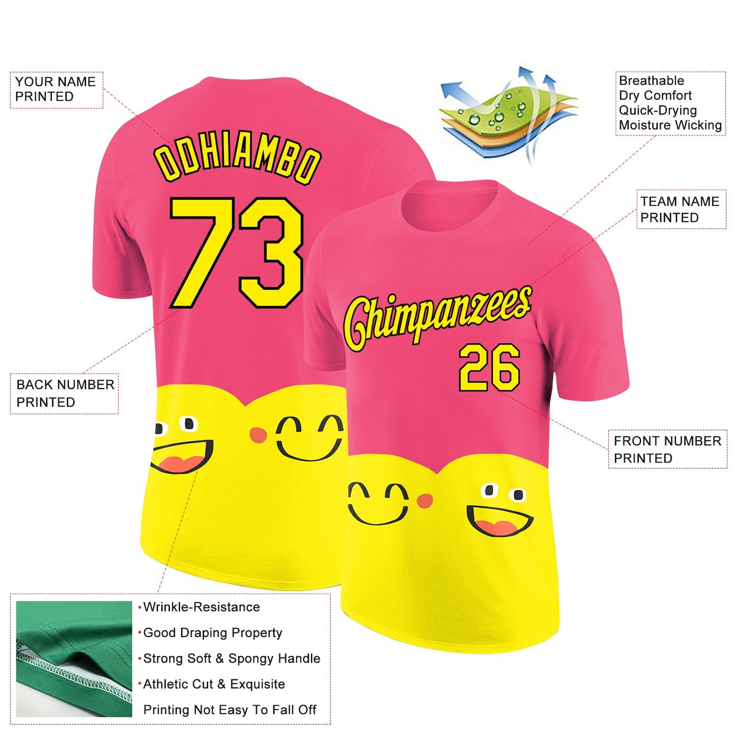 Custom Neon Pink Light Yellow-Black 3D Pattern Design Smile Emoji Performance T-Shirt view 2