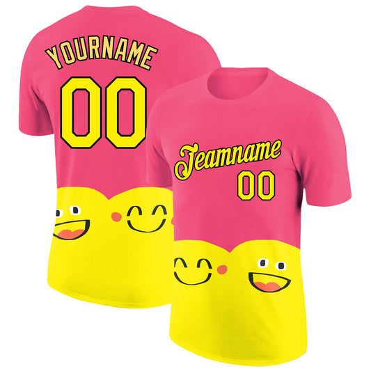 Custom Neon Pink Light Yellow-Black 3D Pattern Design Smile Emoji Performance T-Shirt - Main View