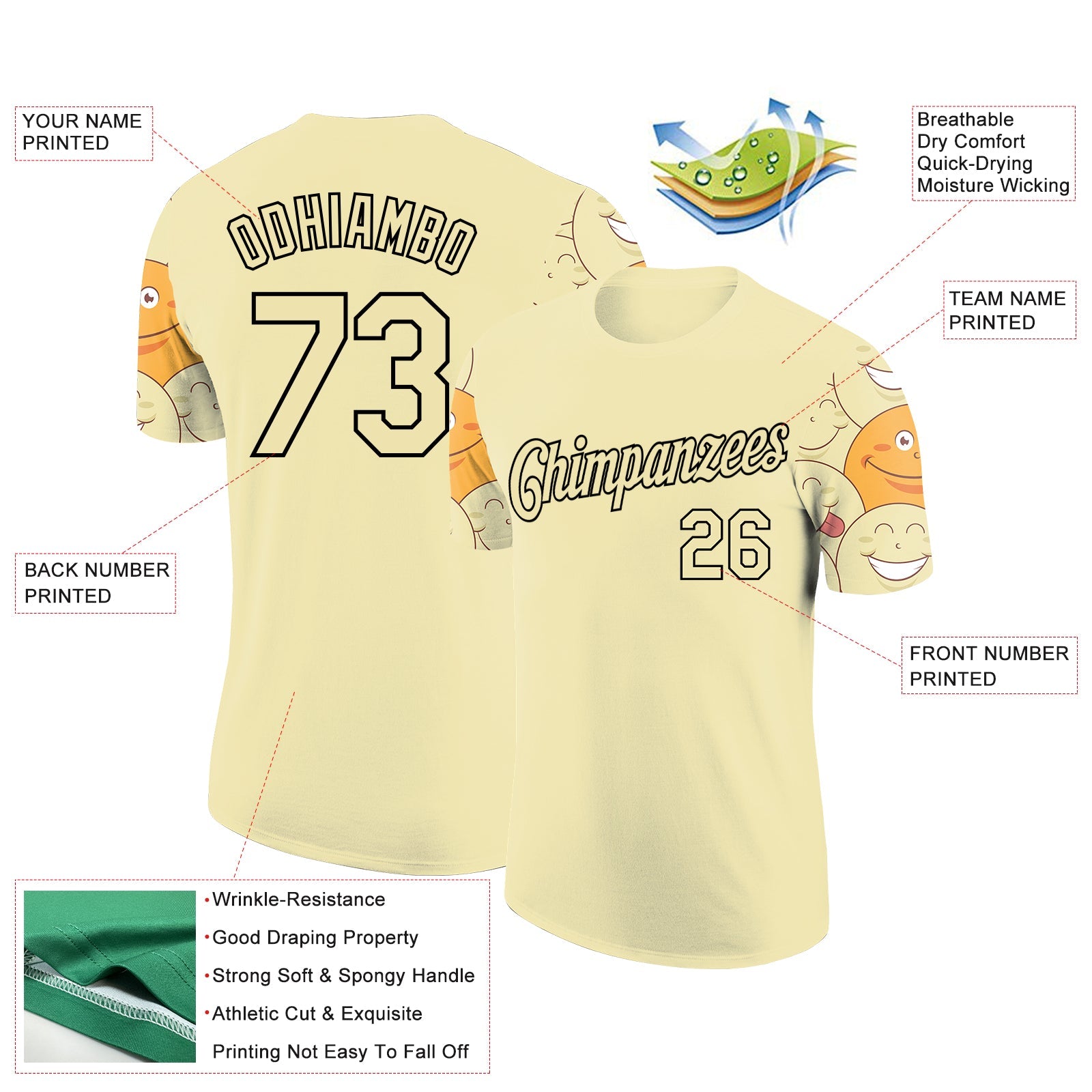 Custom City Cream Black 3D Pattern Design Smile Emoji Performance T-Shirt view 2