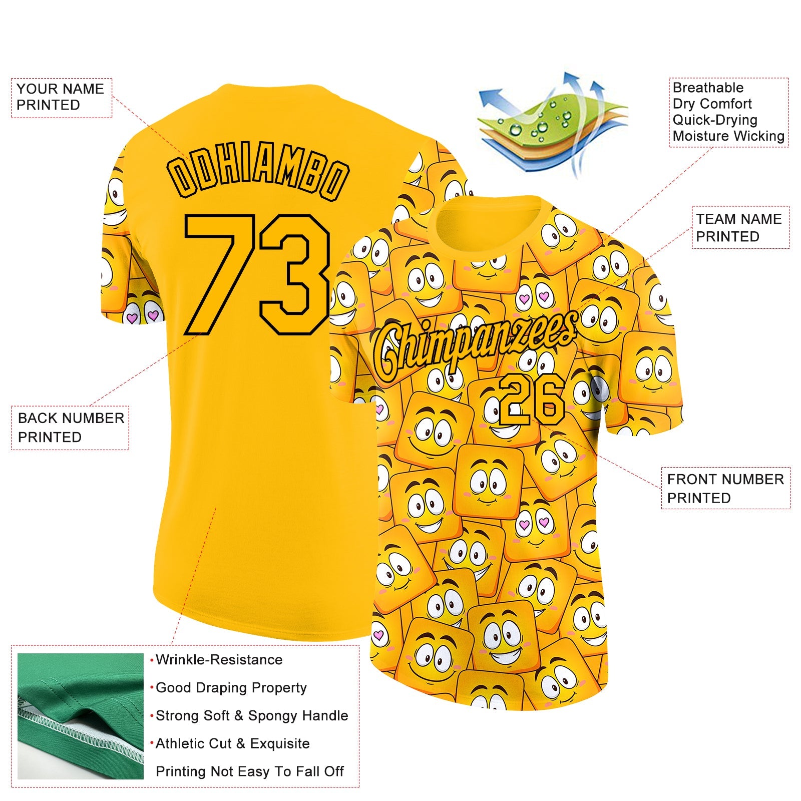 Custom Gold Black-White 3D Pattern Design Smile Emoji Performance T-Shirt view 2