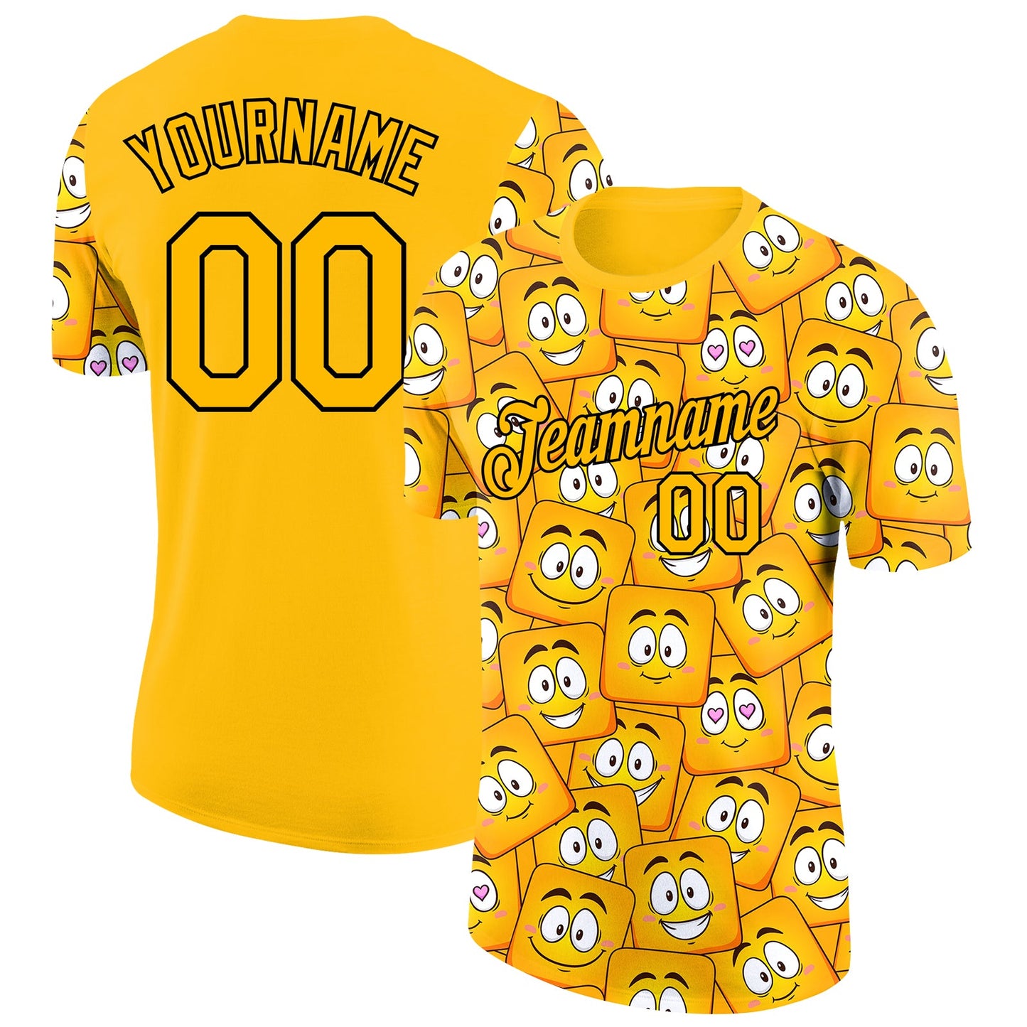 Custom Gold Black-White 3D Pattern Design Smile Emoji Performance T-Shirt - Main View