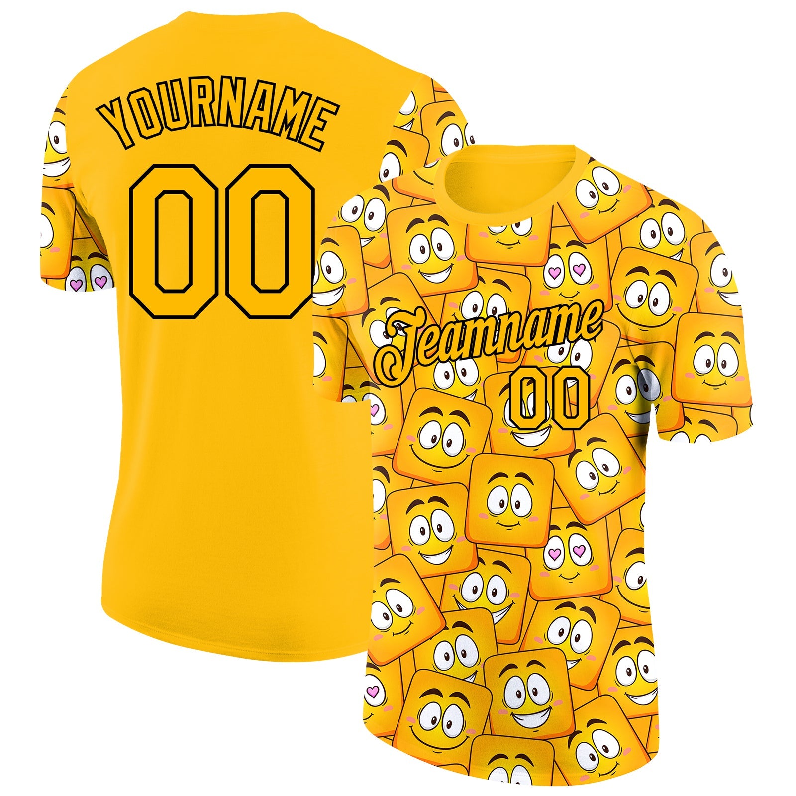 Custom Gold Black-White 3D Pattern Design Smile Emoji Performance T-Shirt - Main View