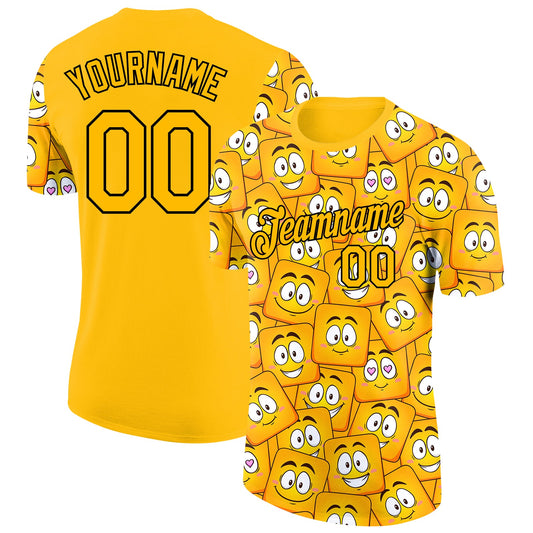 Custom Gold Black-White 3D Pattern Design Smile Emoji Performance T-Shirt - Main View