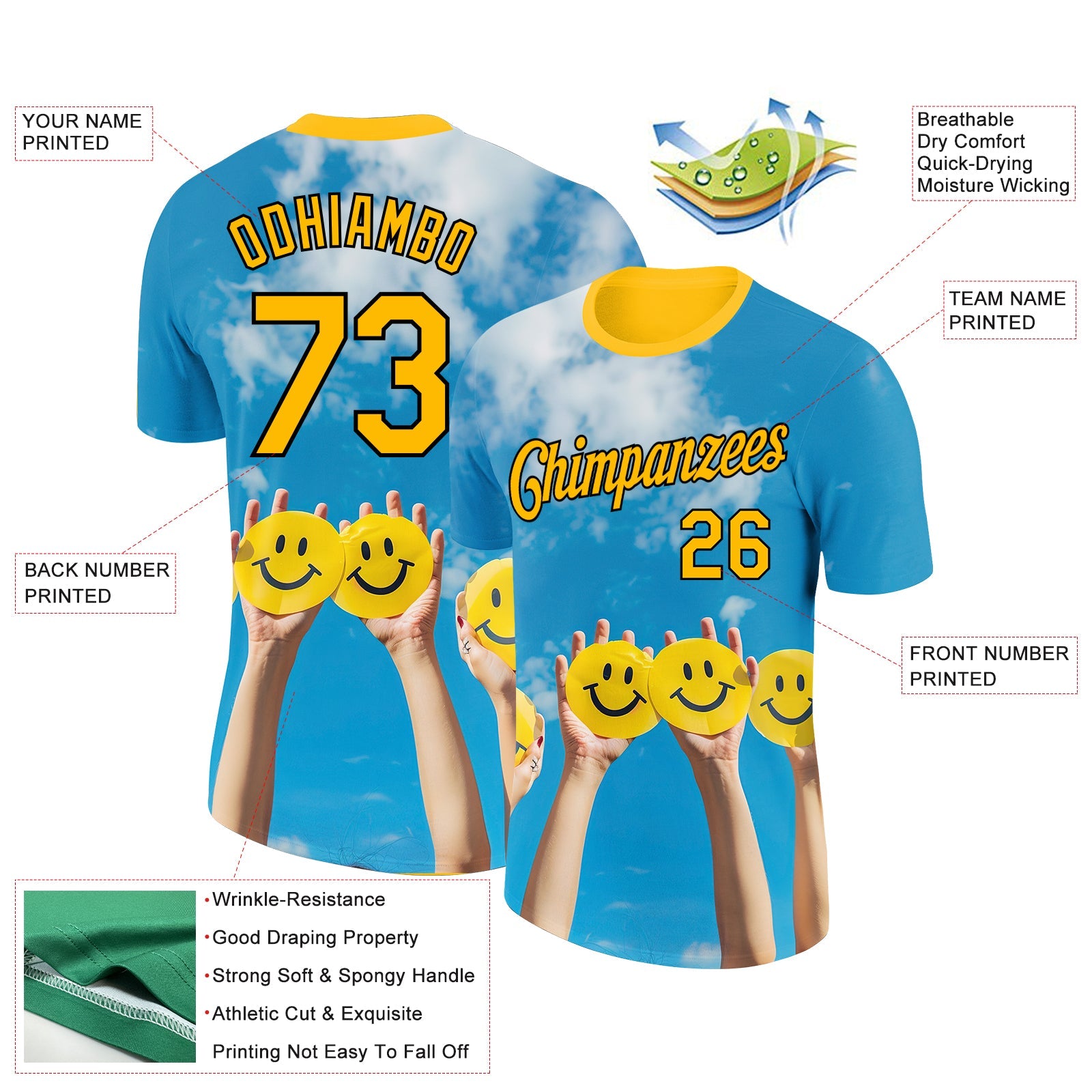 Custom Sky Blue Gold-Black 3D Pattern Design Smile Emoji Performance T-Shirt view 2