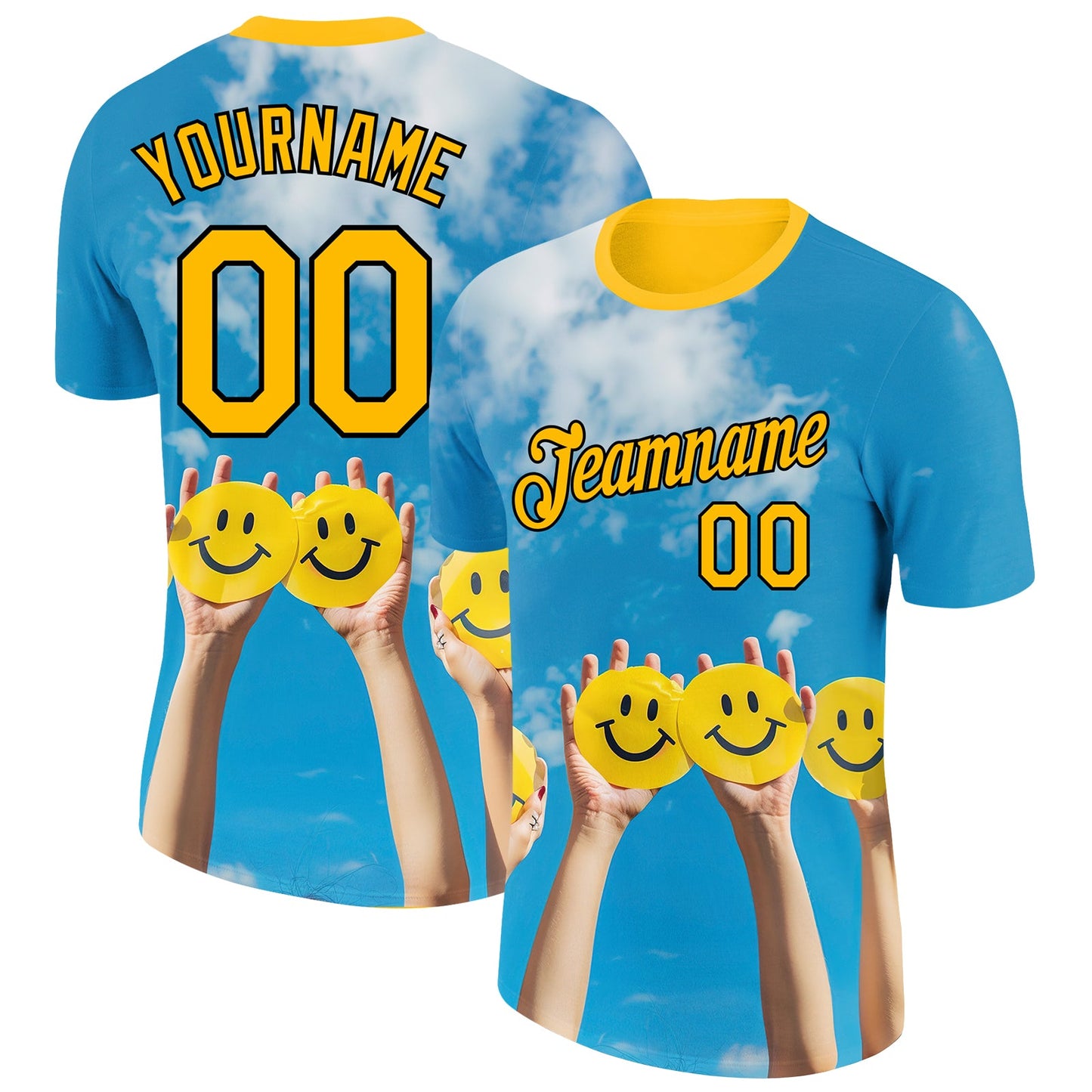 Custom Sky Blue Gold-Black 3D Pattern Design Smile Emoji Performance T-Shirt - Main View