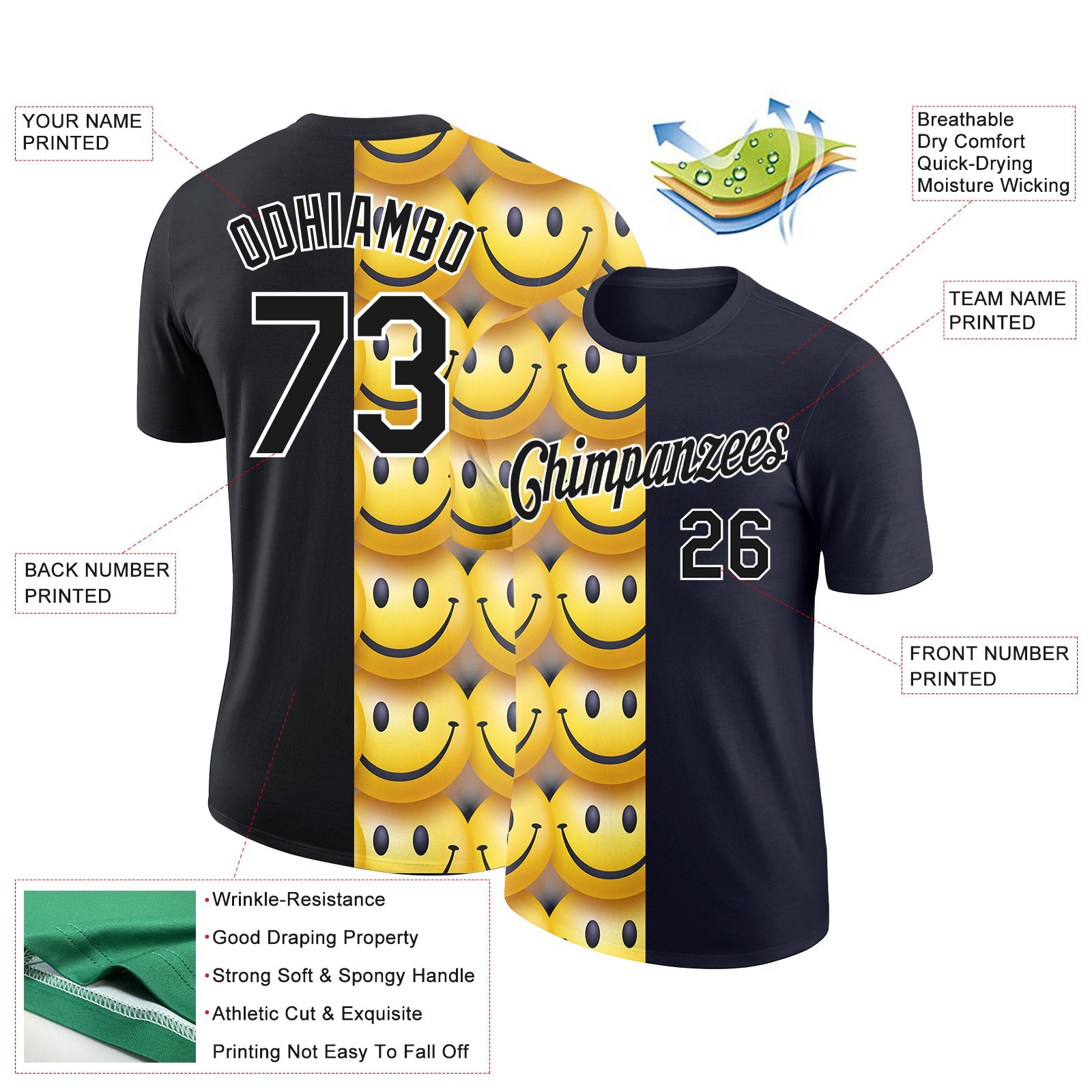 Custom Black Gold-White 3D Pattern Design Smile Emoji Performance T-Shirt view 2