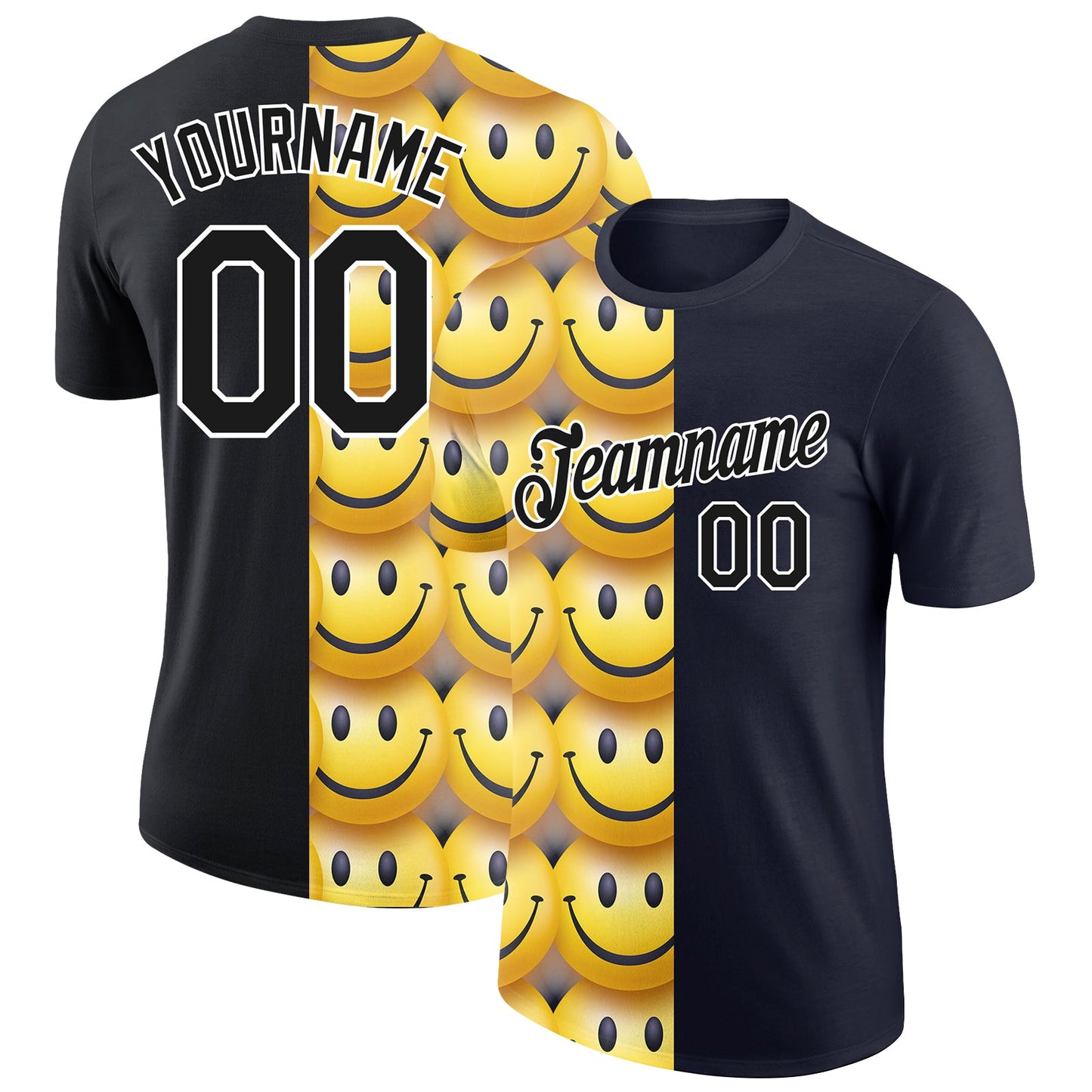 Custom Black Gold-White 3D Pattern Design Smile Emoji Performance T-Shirt - Main View