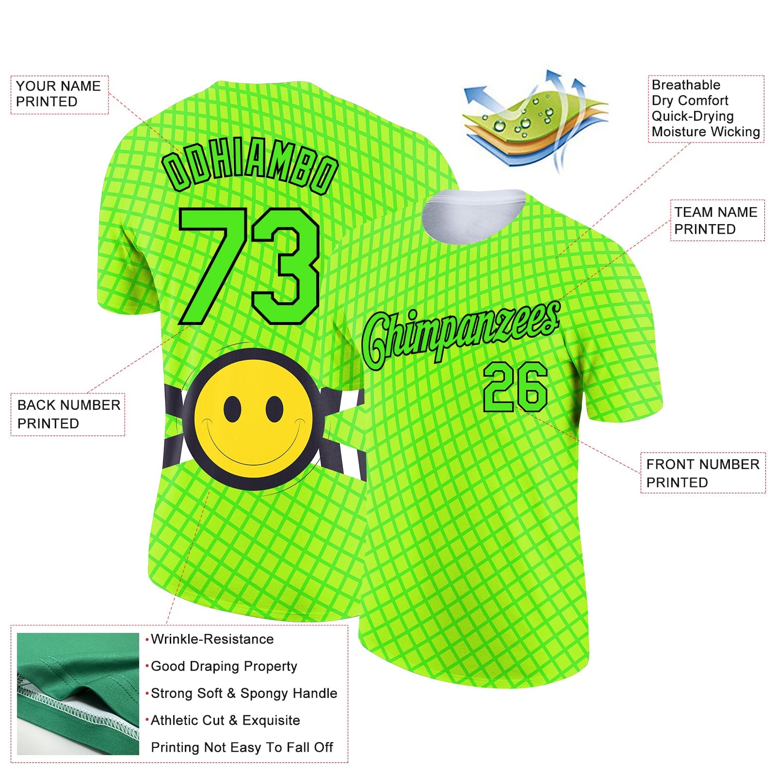 Custom Pea Green Neon Yellow-Black 3D Pattern Design Smile Emoji Performance T-Shirt view 2