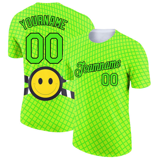 Custom Pea Green Neon Yellow-Black 3D Pattern Design Smile Emoji Performance T-Shirt - Main View