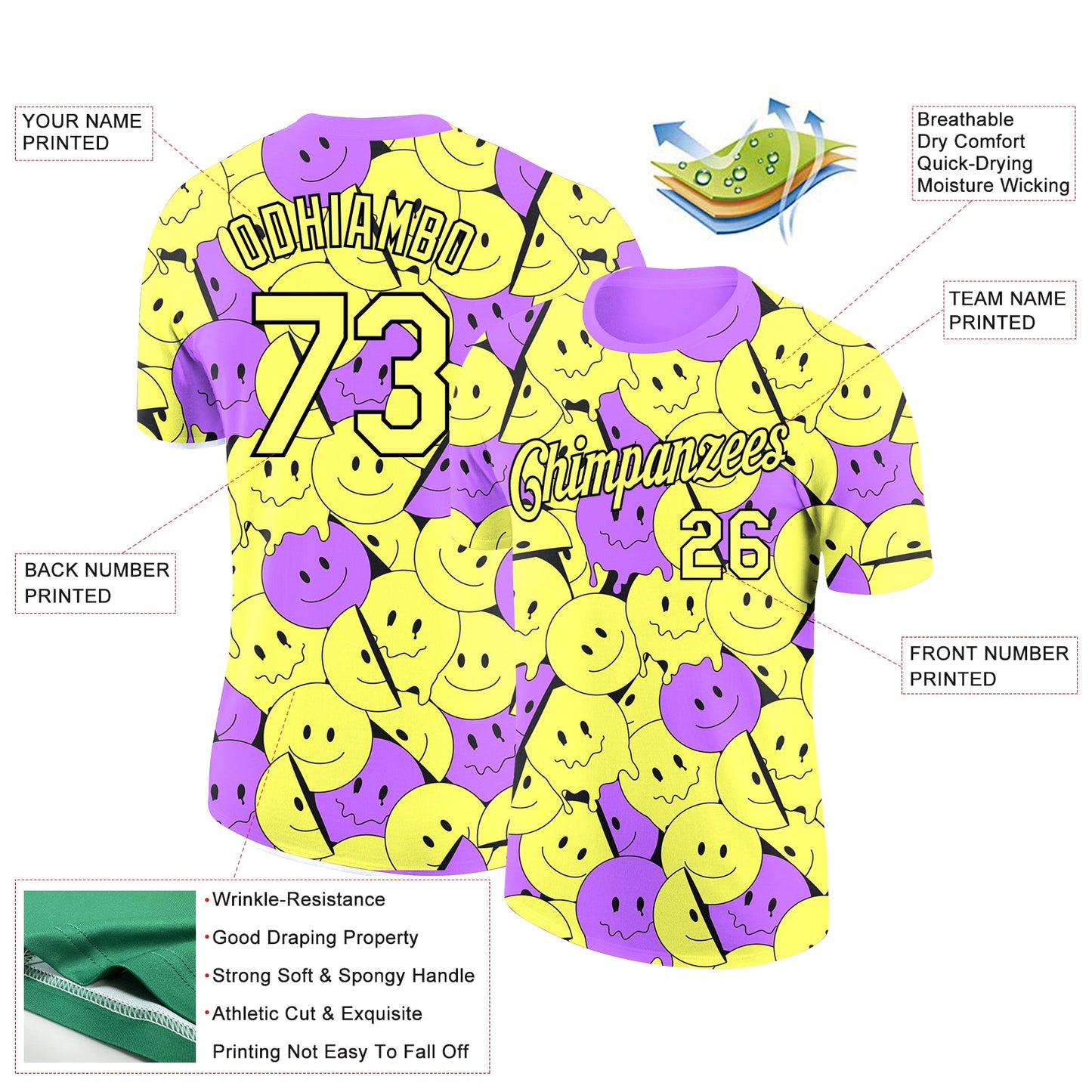 Custom Light Yellow Medium Purple-Black 3D Pattern Design Smile Emoji Performance T-Shirt view 2