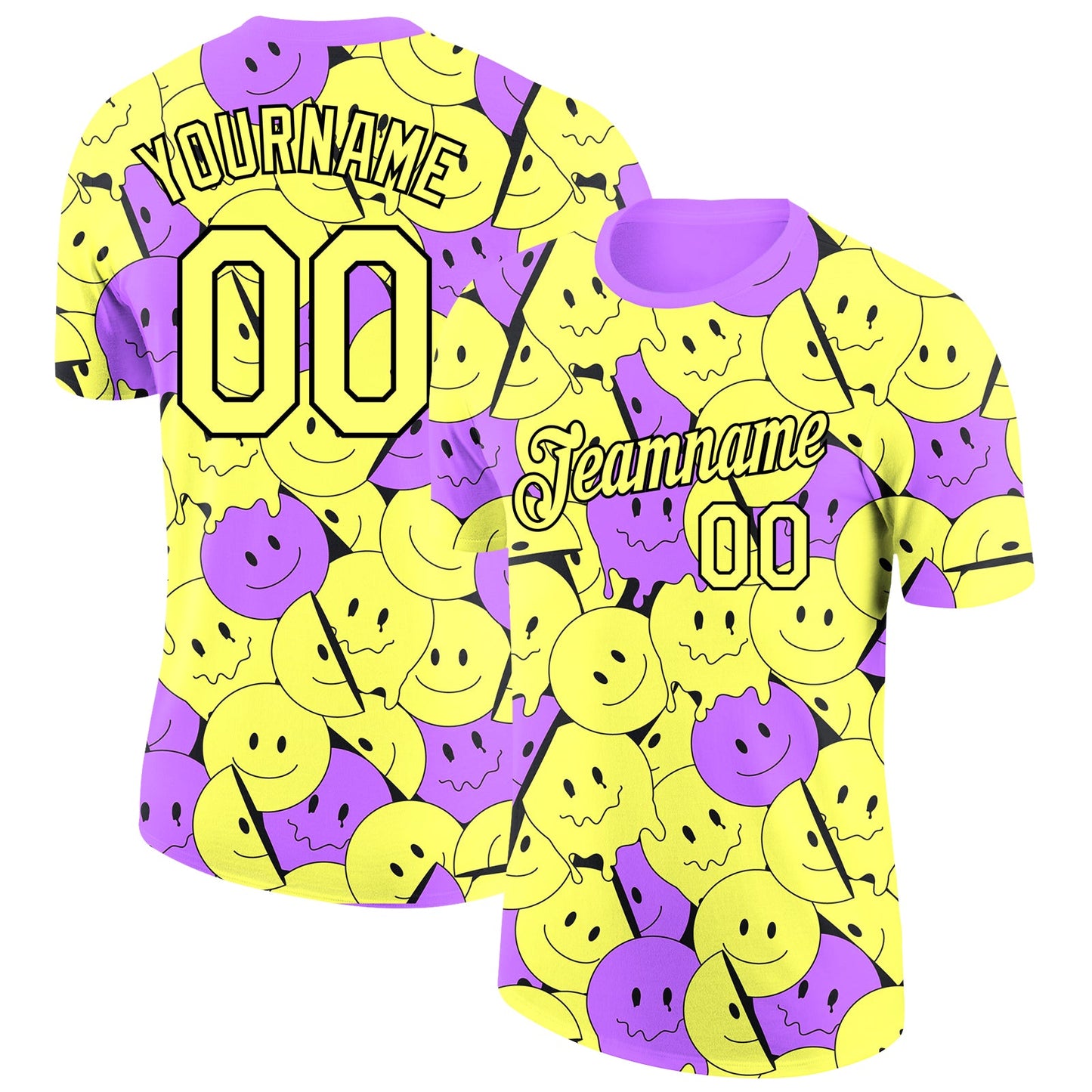 Custom Light Yellow Medium Purple-Black 3D Pattern Design Smile Emoji Performance T-Shirt - Main View