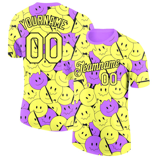Custom Light Yellow Medium Purple-Black 3D Pattern Design Smile Emoji Performance T-Shirt - Main View