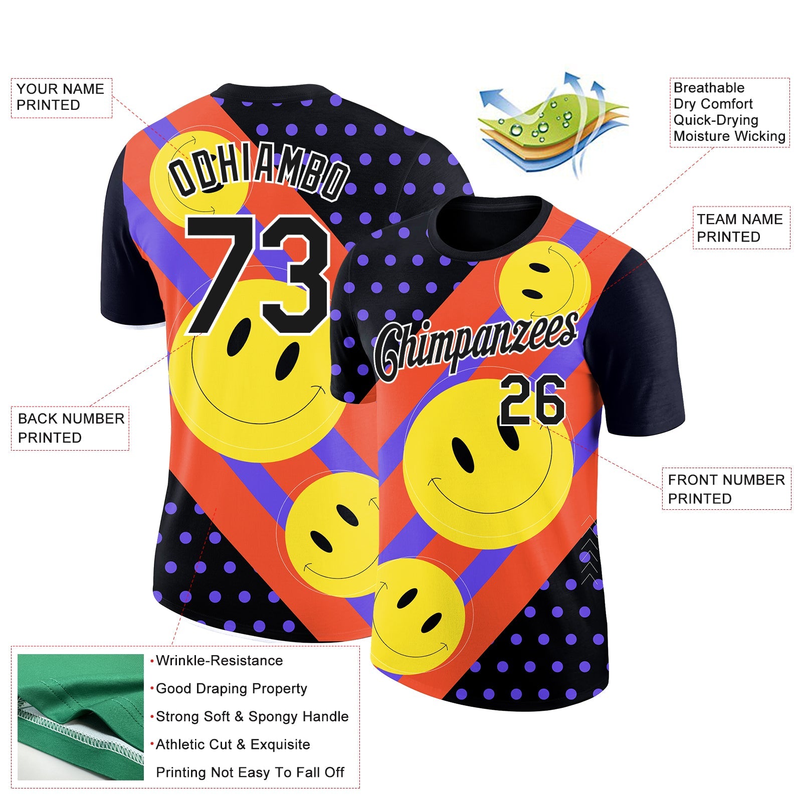 Custom Black Gold Red-Purple 3D Pattern Design Smile Emoji Performance T-Shirt view 2