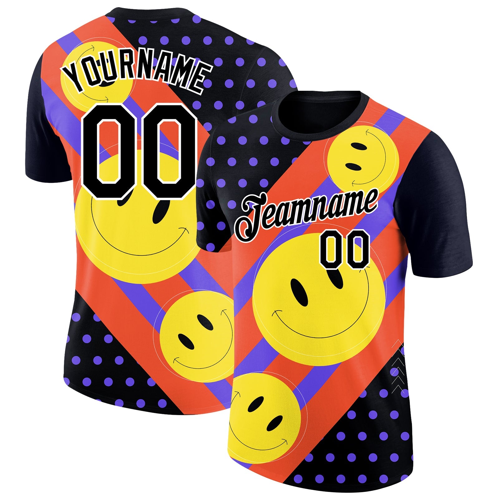 Custom Black Gold Red-Purple 3D Pattern Design Smile Emoji Performance T-Shirt - Main View