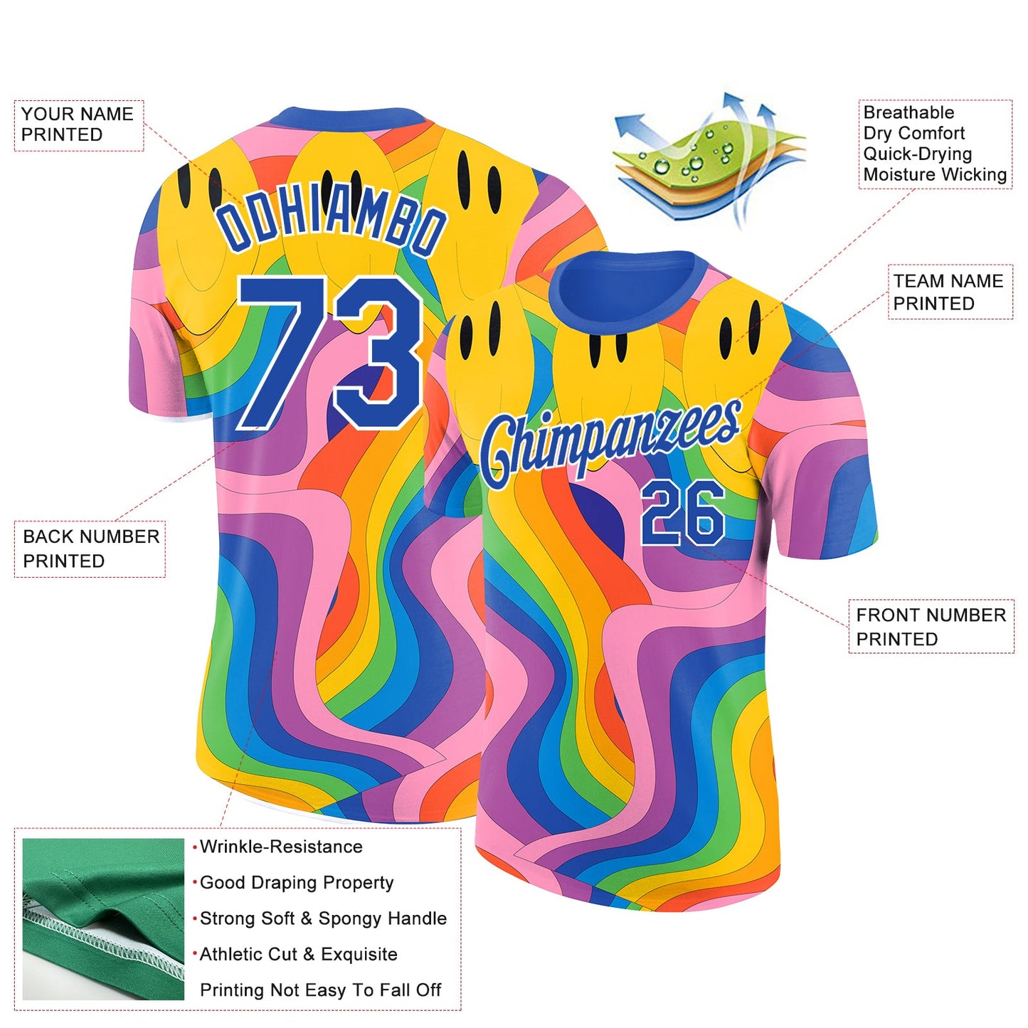 Custom Blue Gold-White 3D Pattern Design Psychedelic Smile Emoji Performance T-Shirt view 2