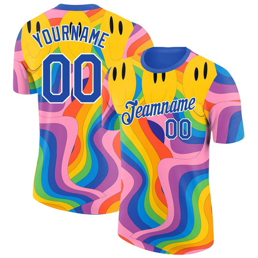 Custom Blue Gold-White 3D Pattern Design Psychedelic Smile Emoji Performance T-Shirt - Main View