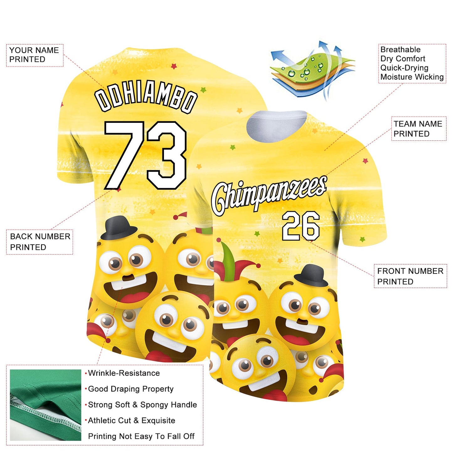 Custom Yellow White-Black 3D Pattern Design Smile Emoji Performance T-Shirt view 2