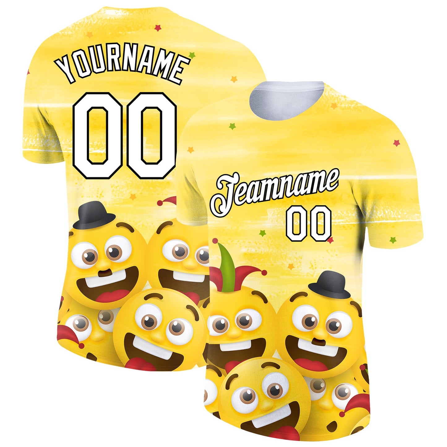 Custom Yellow White-Black 3D Pattern Design Smile Emoji Performance T-Shirt - Main View