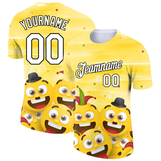 Custom Yellow White-Black 3D Pattern Design Smile Emoji Performance T-Shirt - Main View
